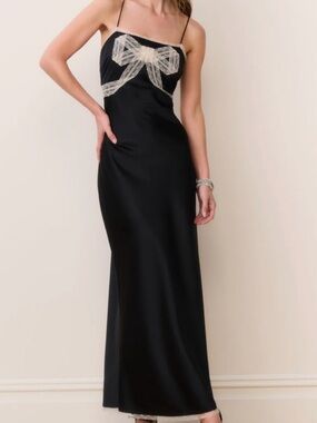 LoveShackFancy Black Slip Dress with Lace Bow Accent
